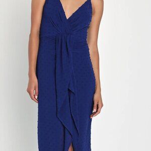 Stylish Invite Dark Blue Swiss Dot Surplice Midi Tulip Dress